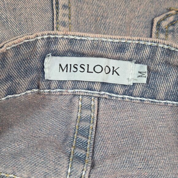 Misslook Denim Short Overalls Size M Blue Pink Wash Floral Detail - Picture 5 of 7